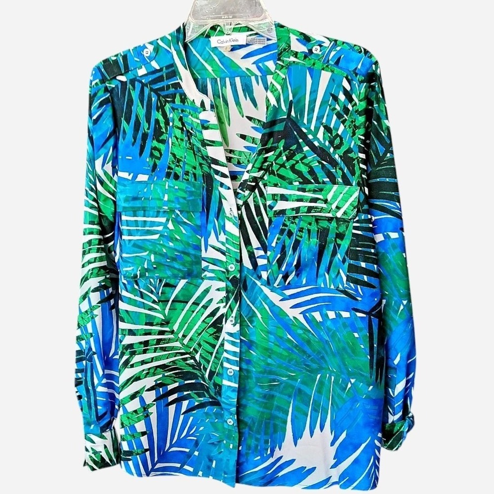 Blue & Green Tropical Print Women's Button-Up Blouse Calvin Klein Size Medium